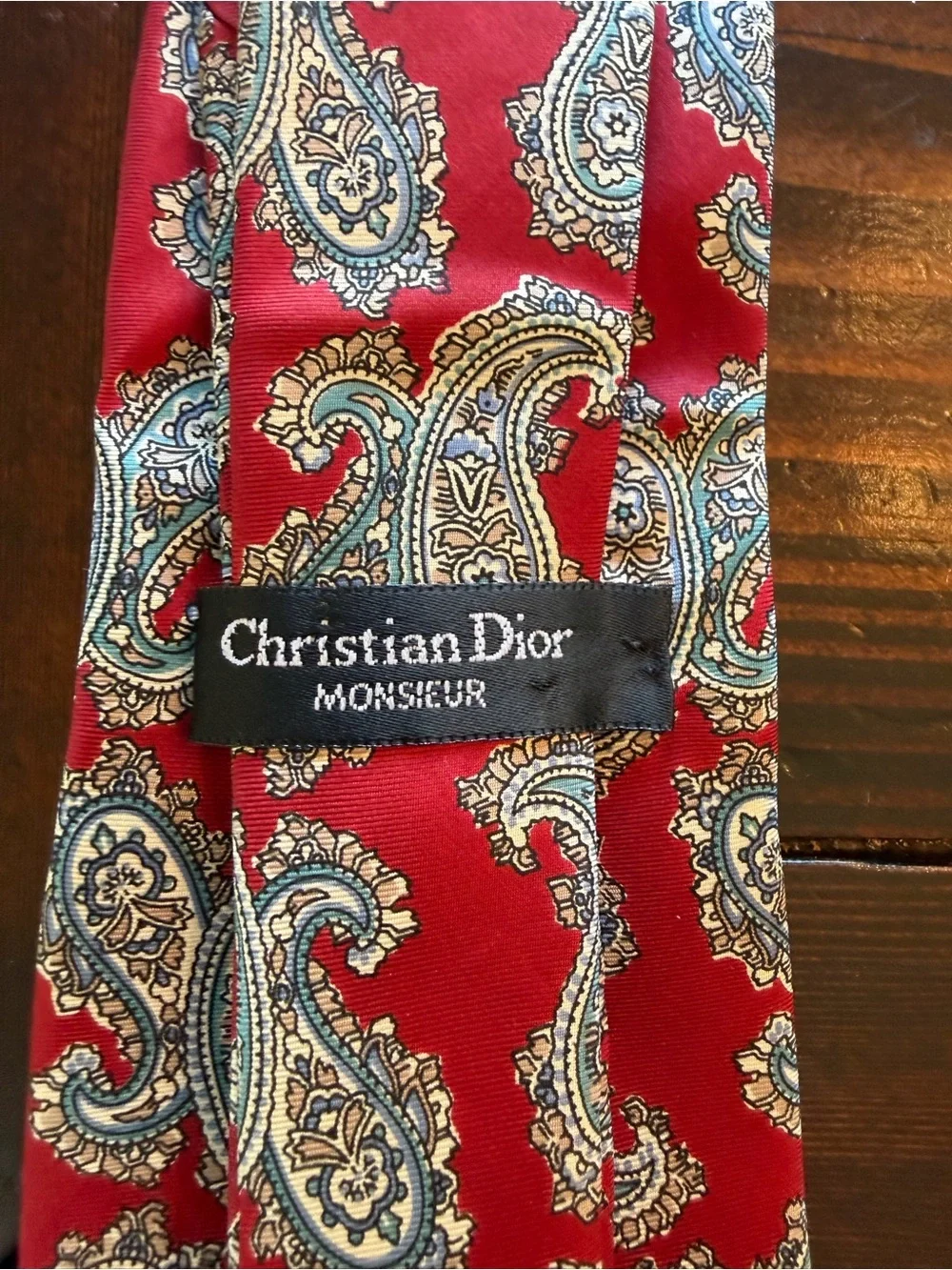 Vintage Dior Monsieur Red Paisley Silk Tie with Cream and Light Blue Accents